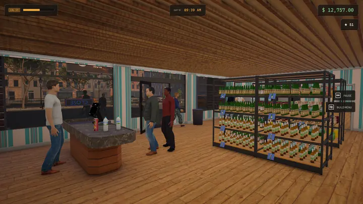 Morning on the shop floor. Customers browsing a full wall of stock, the counter to the left, the day's takings up in the corner.