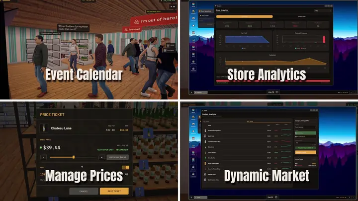 The management side: event calendar, store analytics, per bottle price tickets and the market panel that moves them.